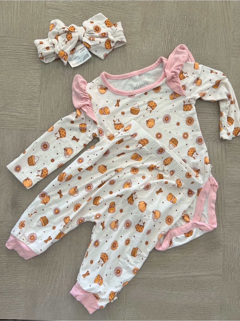 Milkberry Pink & White Bakery Print Baby Matching Set with Headband